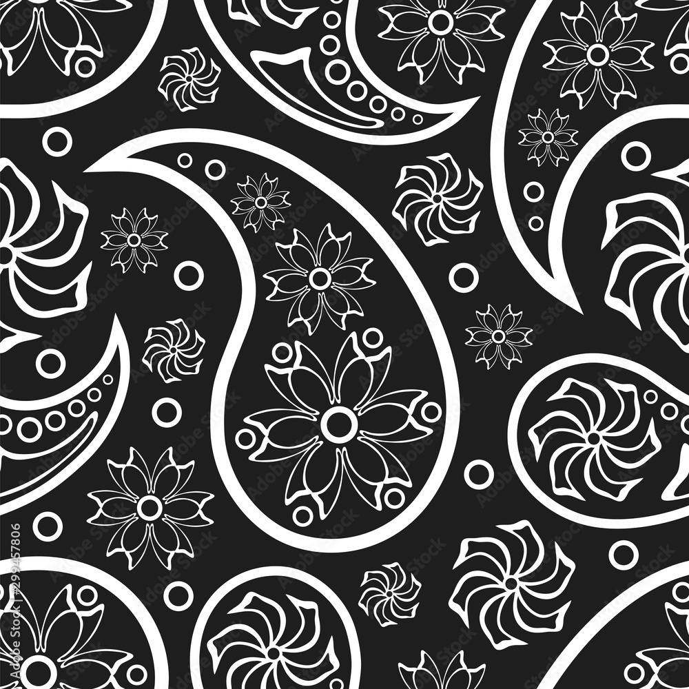 Paisley. Black and white seamless pattern. Vector illustration. Stock