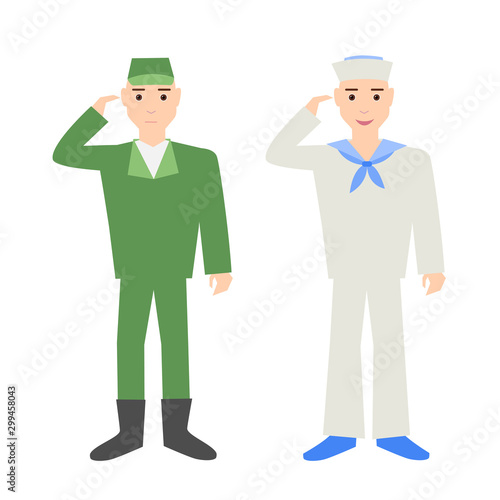 The soldier and the sailor. The soldier salutes. The sailor salutes. Flat design. The cartoon characters. Vector illustration.