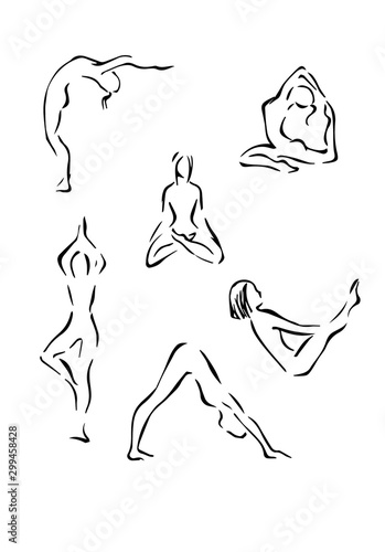 image of yoginis in asanas in lineart style