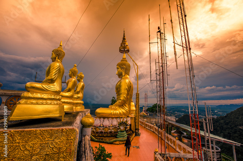 Wat Tham Seua Krabi-Krabi: 20 October 2019, atmosphere of a large Buddha statue on a high mountain, with tourists always coming to make merit, Tiger Cave Mountain Temple, Krabi area Noi, Thailand