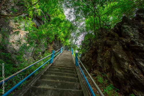 background of the wooden or steel bridges built to facilitate the journey up the high mountains Stairs to Hilltop Pagoda Wat Tham Seua Krabi  blurred by the wind blowing through and surrounded by tree