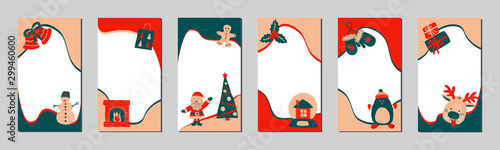 Set of Christmas stories template for social networks in the style of Scandinavian simple hand drawing. Holiday frames for photo with cute characters - Santa, reindeer, gingerbread man, snowman.