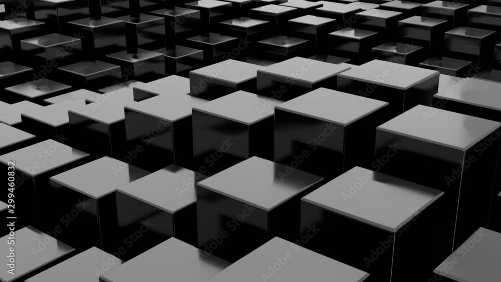 Abstract background with metal cubes moving in waves. Seamless cyclic movement. 3D rendering. Abstract background with metal cubes moving in waves. Seamless cyclic movement. 3D rendering.