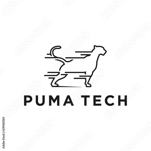 Puma animal technology logo simple minimalist design, line style tech internet hosting cyber security.