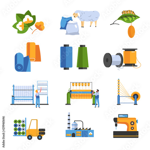 Textile factory isolated icons cotton and wool or silk