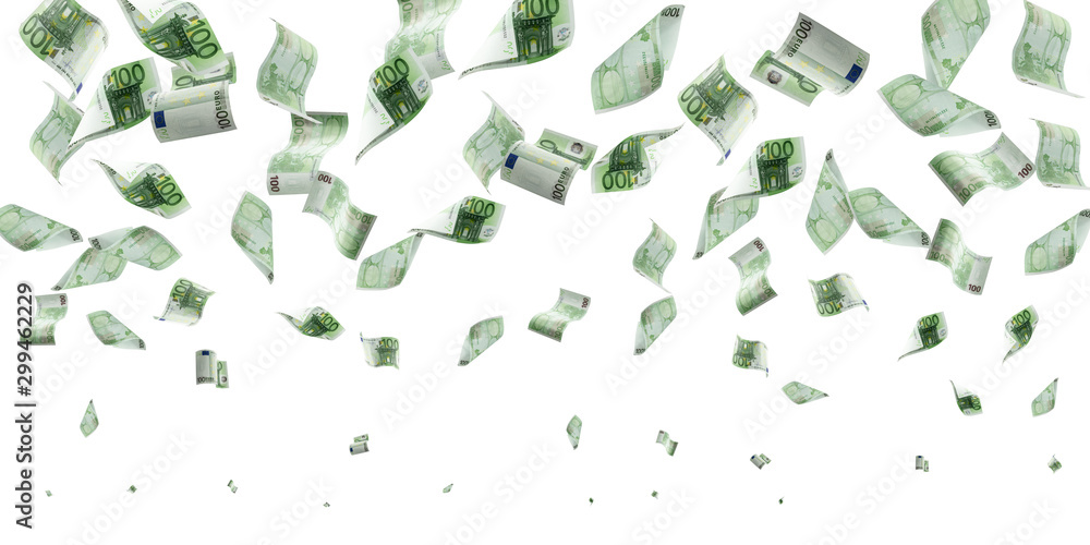 Money stack. Falling banknotes. European money on white isolation background. Money stack. Falling banknotes. European money on white isolation background.