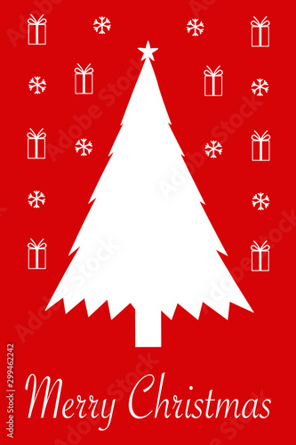 Christmas tree with boxes of gifts. Vector color illustration. Holiday card design. red background