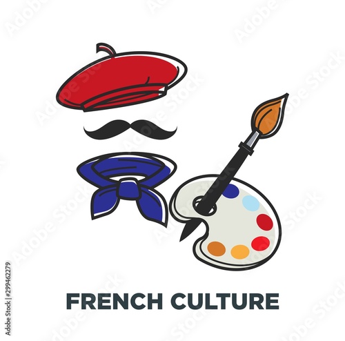 French culture symbols of France beret and neckerchief paintbrush and palette