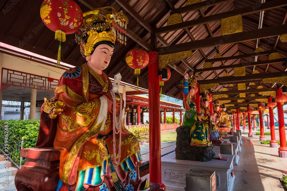 Suphan Buri, Thailand - October 27, 2019 : Buddha statue in Chinese shrine of the Chinese people in Suphanburi,Thailand