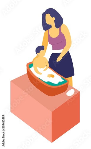 Mother bathing son child in bath isolated character family