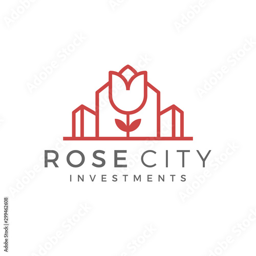 Rose city real estate modern nature city park green room, simple minimalist logo design line style.