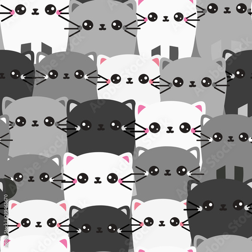 Kawaii grey, white and black cats. Cute kittens seamless pattern, animal print. Pets collection. Vector illustration.