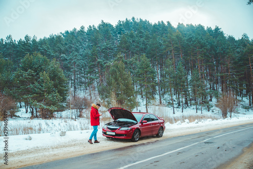 man standing near broken car at roadside snowed winter weather © phpetrunina14