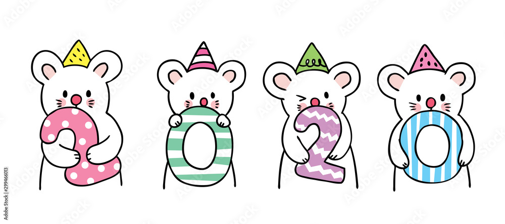 Cartoon cute new year 2020 mouses celebration vector.