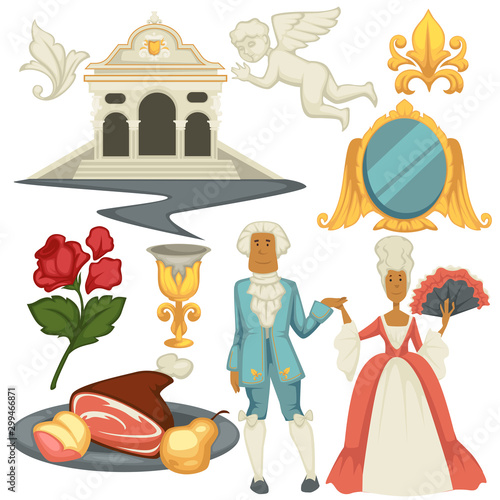 Baroque epoche man and woman in wigs architecture and cuisine