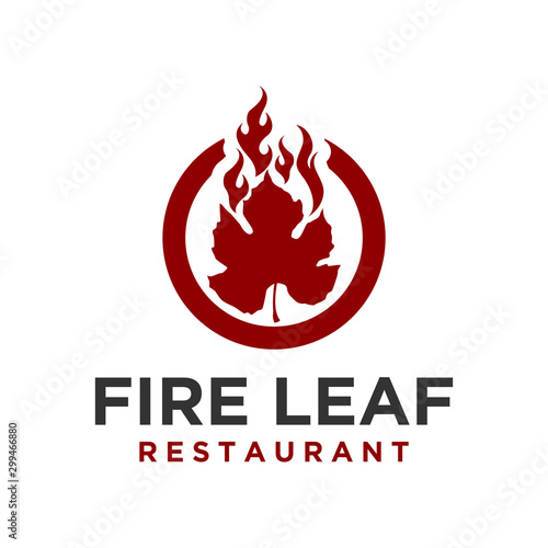 Restaurant park outdoor nature barbecue bbq grill food drink logo design - maple leaf fire smoke