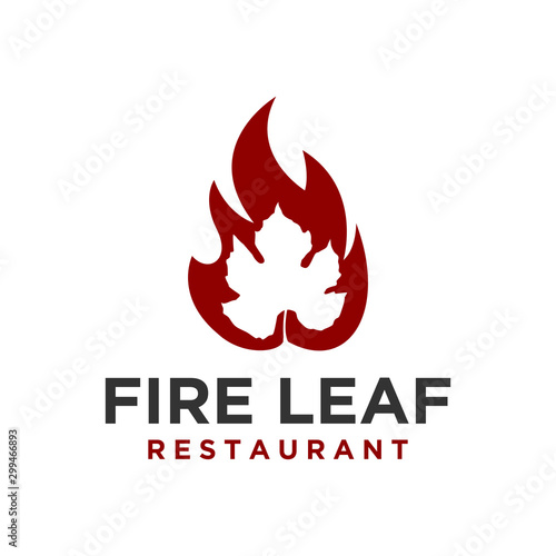 Restaurant park outdoor nature barbecue bbq grill food drink logo design - maple leaf fire smoke