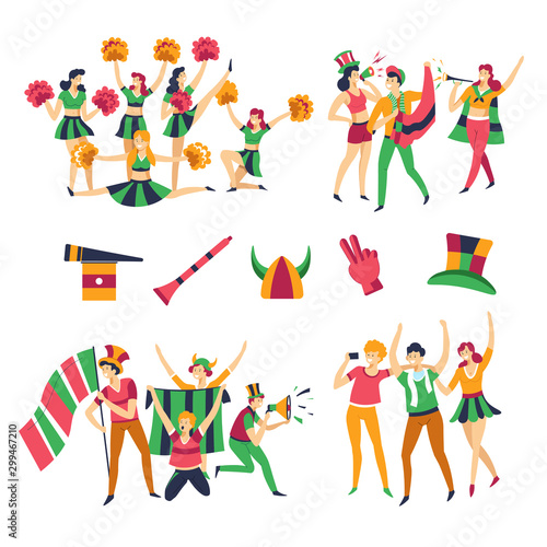 Football fans and cheerleaders men and women team color clothes