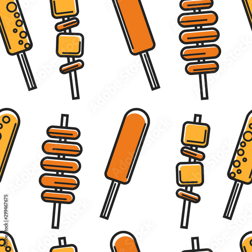 Korean street food seamless pattern meat potato and cheese on skewer