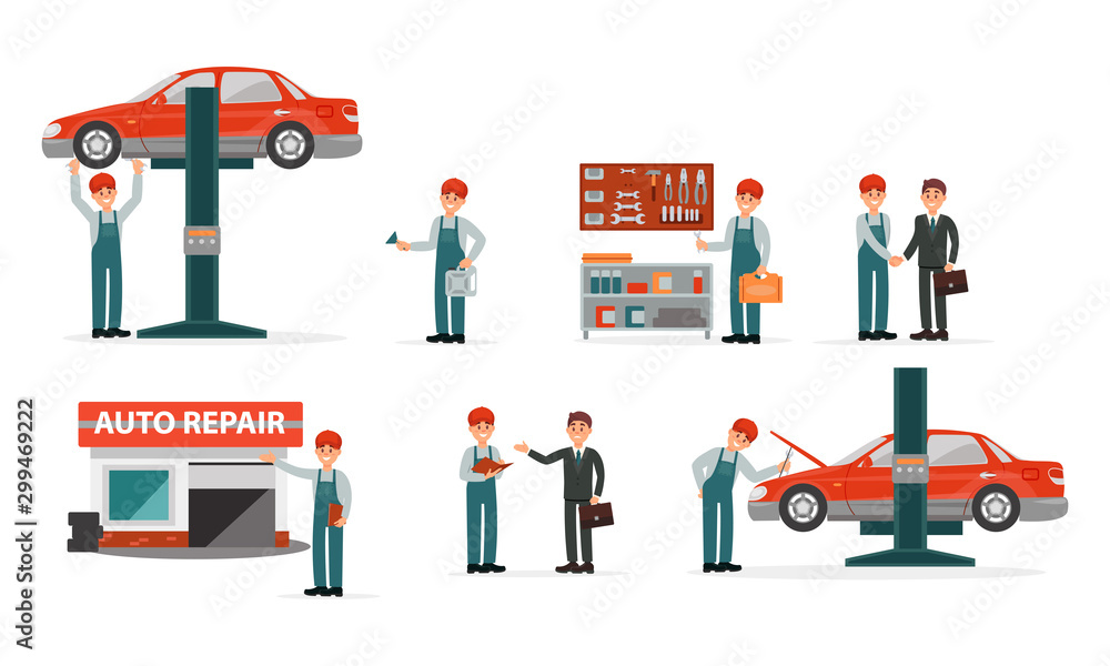 Auto Repair Service Center Vector Illustrations Set. Tire Servicing Person Working Auto Repair Service Center Vector Illustrations Set. Tire Servicing Person Working