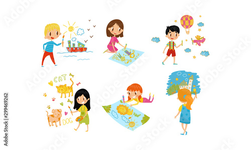 Small Kids Painting On Paper With Paints Vector Illustration Set