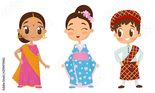 Big Eyed Kids Characters Wearing Traditional Costumes Vector Set