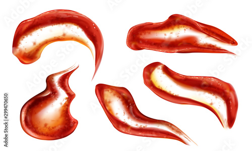 Ketchup splashes set, tomato sauce splatter blobs top view isolated on white background. Liquid chili paste or jelly stain smears, mock up design elements. Realistic 3d vector illustration, clip art
