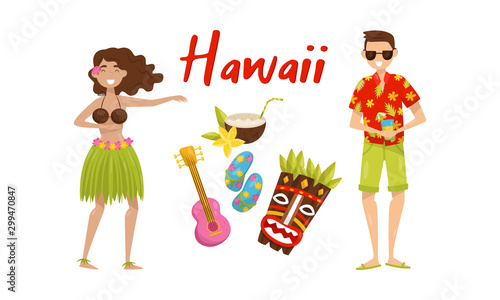 Set of different hawaii symbols. Vector illustration.