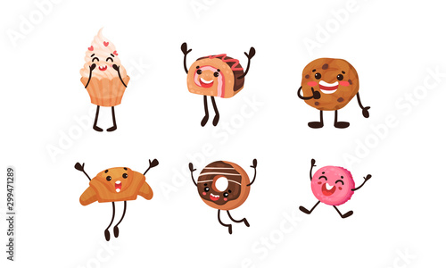 Set of humanized pastries and baked sweets. Vector illustration.