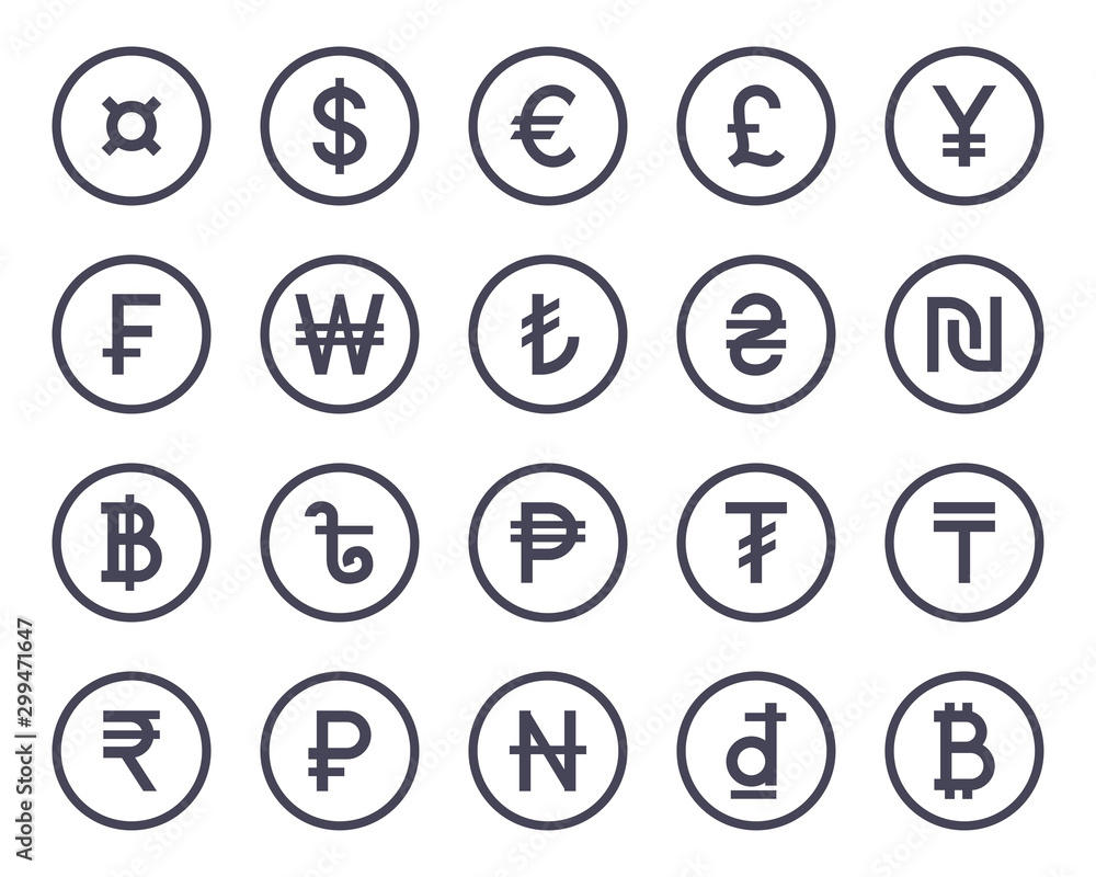 Currency symbol monochrome icons collection set. Vector illustration