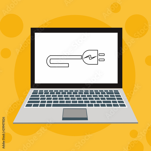 plugged cable , charging ,Power plug with laptop vector icon illustration template