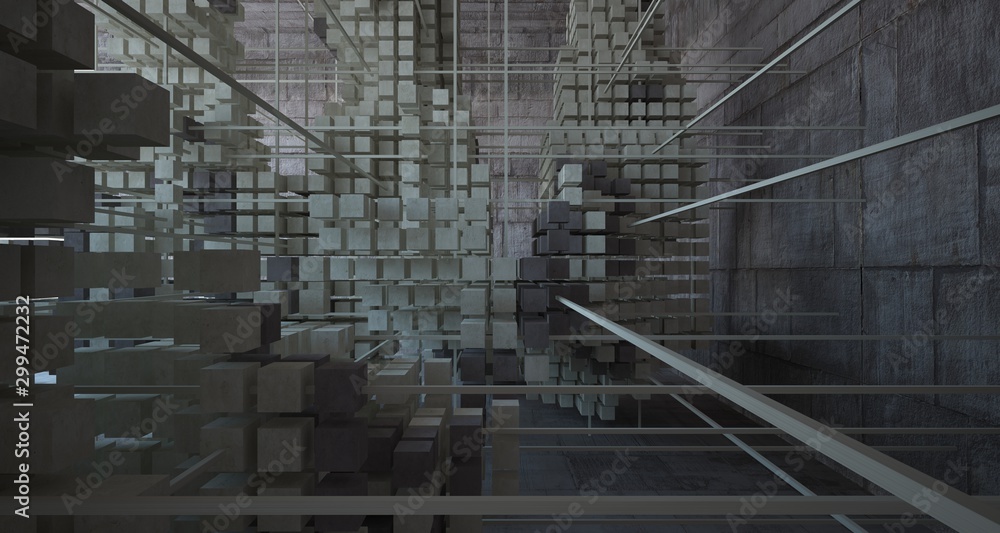 Abstract architectural concrete brown interior from an array of beige cubes with large windows. 3D illustration and rendering. Abstract architectural concrete brown interior from an array of beige cubes with large windows. 3D illustration and rendering.