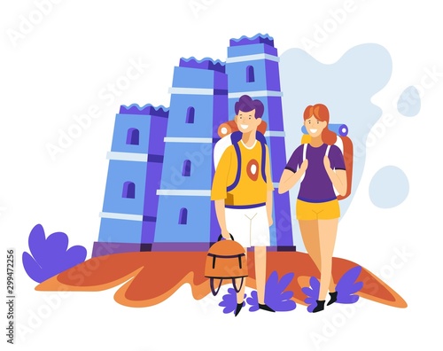 Tourism sightseeing couple with backpacks ancient castle