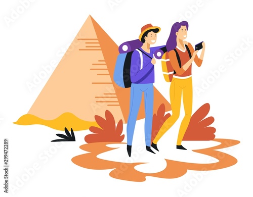Tourism couple with backpacks and Egyptian pyramids traveling and sightseeing