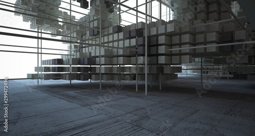 Abstract architectural concrete brown interior from an array of beige cubes with large windows. 3D illustration and rendering.
