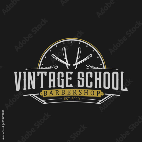 Barbershop logo with a complex design of elegant vintage details with professional scissors and razor elements, for your business and professional barbershop label with quality services.