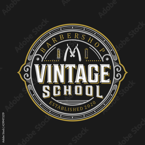 Barbershop logo with a complex design of elegant vintage details with professional scissors and razor elements, for your business and professional barbershop label with quality services.