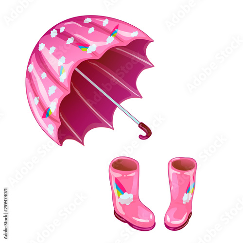 Pink rubber boots and umbrella in a vector style isolated. photo