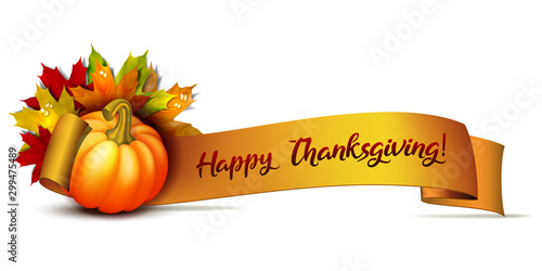 Thanksgiving banner, ribbon with Happy Thanksgiving lettering and orange pumpkins