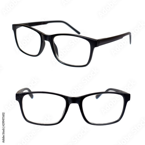 Black classic eyeglasses, optical correction instrument, set and collection.