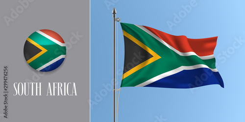 South Africa waving flag on flagpole and round icon vector illustration