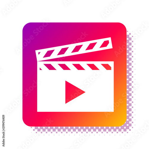 White Movie clapper icon isolated on white background. Film clapper board. Clapperboard sign. Cinema production or media industry concept. Square color button. Vector Illustration