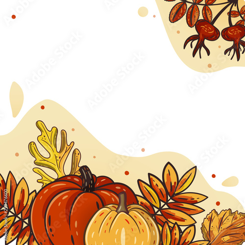Autumn leaves and pumpkins for postcard, banner, poster. Seasonal rowan and oak leaves with gourds for thanksgiving day, harvest decoration, halloween. Fall season elements. Vector design. Autumn mood