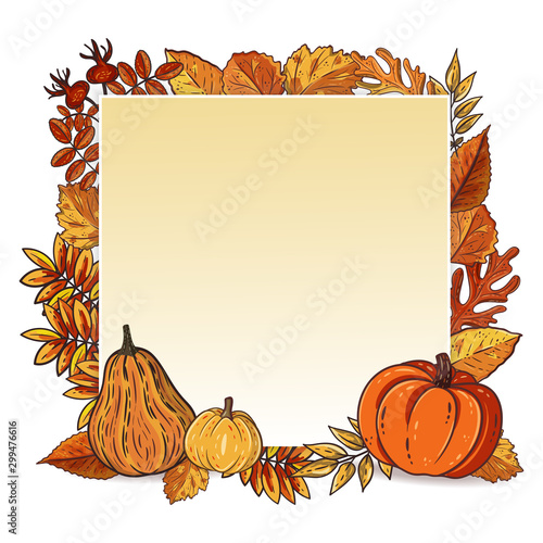 Autumn background with hand drawn leaves and pumpkins. Autumn seasonal poster template in fall colors. For Thanksgiving day, harvest festival banner. Vector illustration