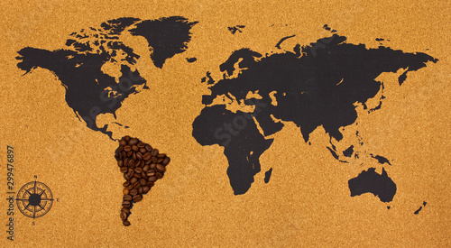 South America continent made of coffee beans on world map. Top view.