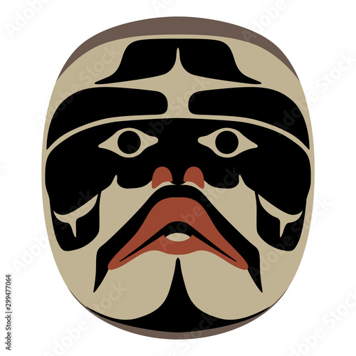 Tribal mask of Native American Kwakiutl Indians from Canada. Fantastic human face. Isolated vector illustration. photo