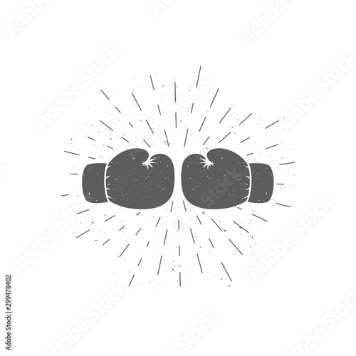 Black and white illustration with grunge texture of boxing gloves and rays on a white background. Vector illustration on a sports theme. Boxing Club Emblem