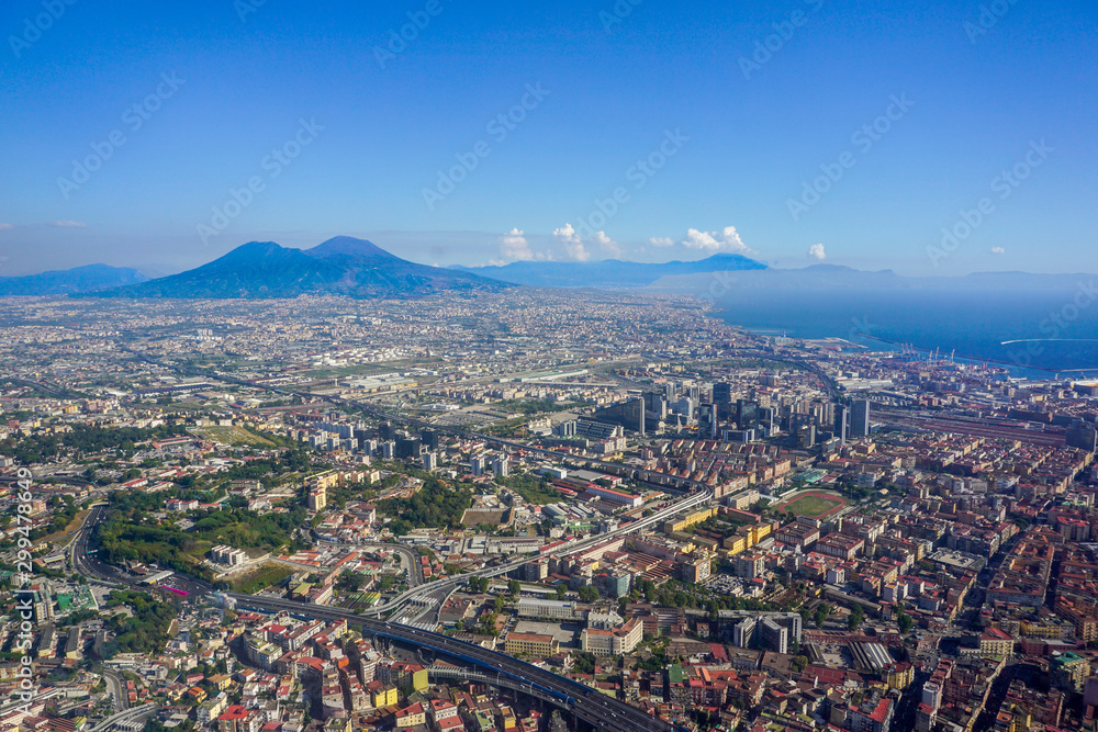 View from high to the city of Naples and Volcano Vesuvius, Naples, Italy.