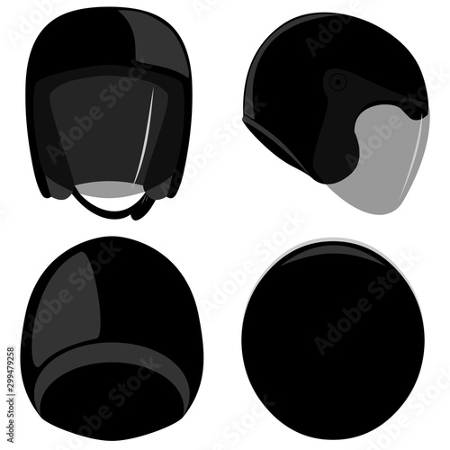 Set of open face 3/4 motorcycle helmets with visor side, top, back, front view isolated vector illustration