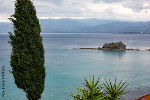 Beautiful view of Chrysochou Bay with green plants in the foreground, Cyprus.